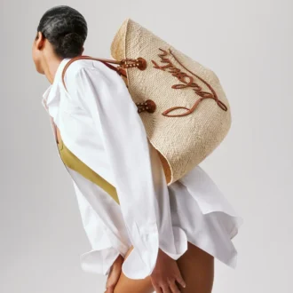 Cabata Large – Gență Tote – Rafie și piele de vițel – Natural
