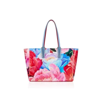 Cabata Small – Gență Tote – Piele de vițel lăcuită cu imprimeu de bujori – Multicolor