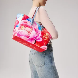 Cabata Small – Gență Tote – Piele de vițel lăcuită cu imprimeu de bujori – Multicolor
