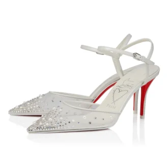 Miss Z Riviera Strass – Pantofi cu toc de 80 mm și curele – Plasă, piele Nappa și perle – Bianco – Femei