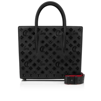Paloma Medium – Gență cu mâner superior – Piele de vițel granulată și ținte Loubinthesky – Negru