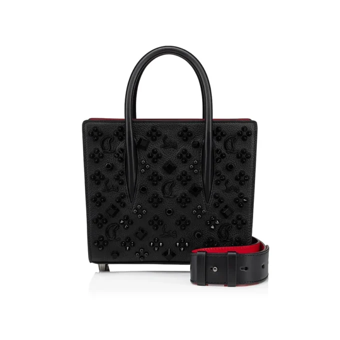 Paloma Mini – Gență cu mâner superior – Piele de vițel granulată și ținte Loubinthesky – Negru