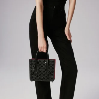 Paloma Mini – Gență cu mâner superior – Piele de vițel granulată și ținte Loubinthesky – Negru