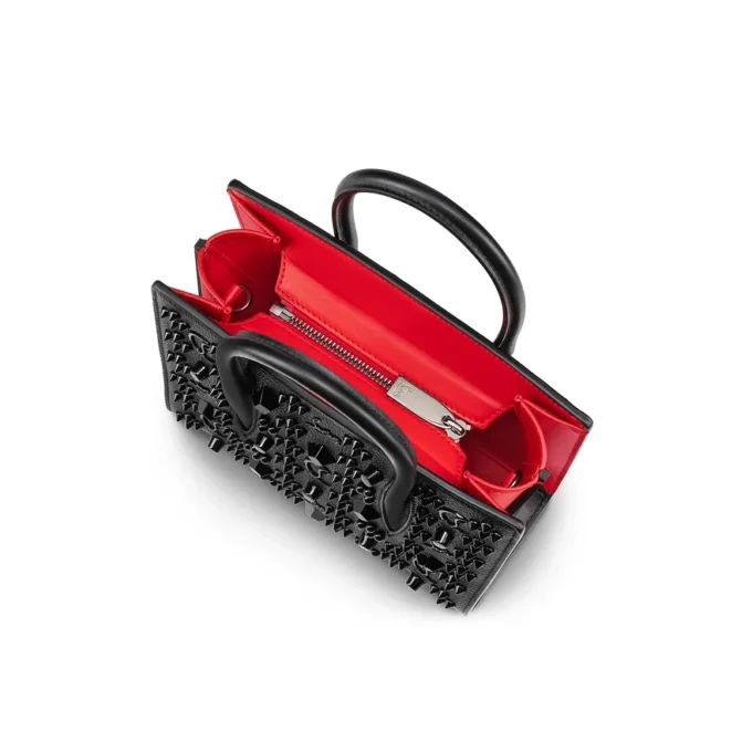 Paloma Mini – Gență cu mâner superior – Piele de vițel granulată și ținte Loubinthesky – Negru